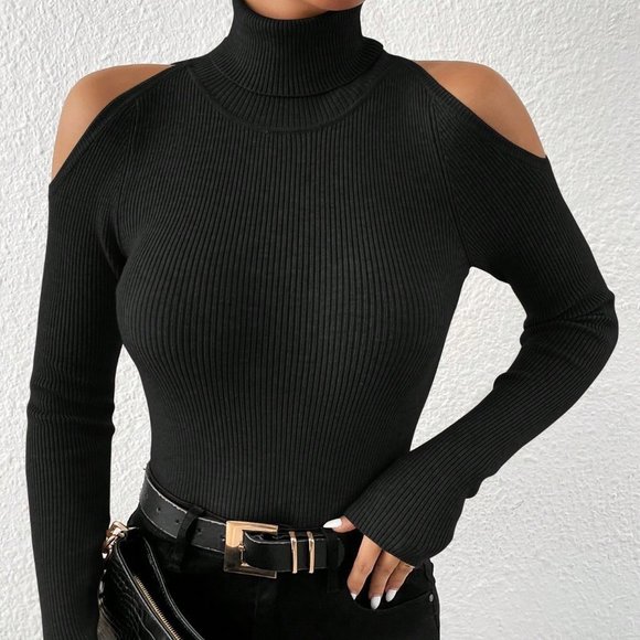 Black Casual Womens Turtleneck Cold Shoulder Ribbed Knit Sweater - Picture 5 of 5